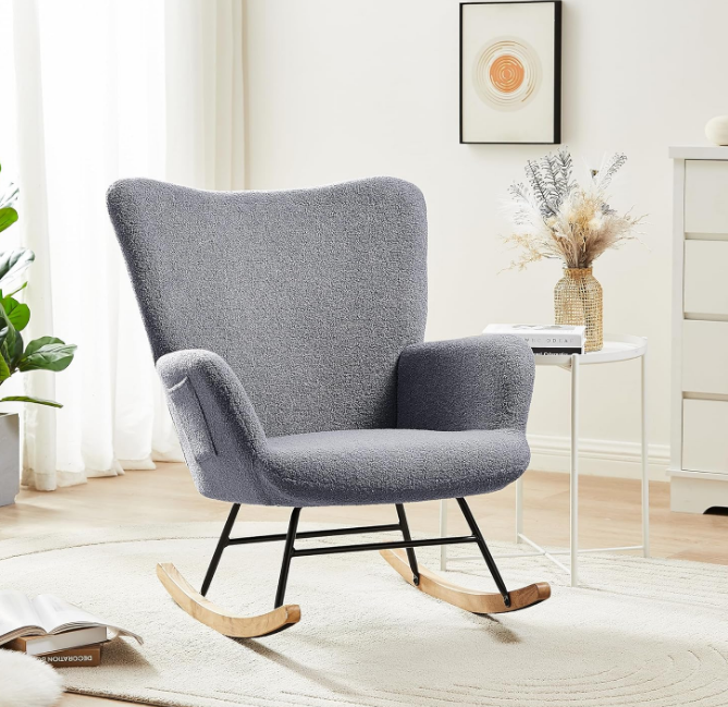 Rocking Chair, Modern Upholstered Teddy Fabric Nursery Glider with Padded Seat, High Backrest, Armchair and Pocket for Living Room Bedroom Balcony Offices