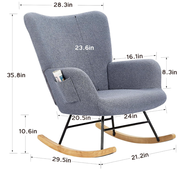 Rocking Chair, Modern Upholstered Teddy Fabric Nursery Glider with Padded Seat, High Backrest, Armchair and Pocket for Living Room Bedroom Balcony Offices