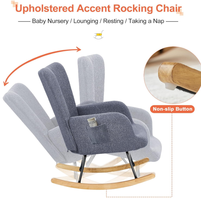 Rocking Chair, Modern Upholstered Teddy Fabric Nursery Glider with Padded Seat, High Backrest, Armchair and Pocket for Living Room Bedroom Balcony Offices