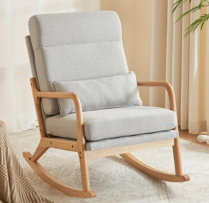 Nursery Rocking Chair Removable Glider Rocker High Backrest Rocking Armchair Mid-Century Accent Chair with Lumber Pillow for Bedroom, Living Room, Nursery, Light Gray