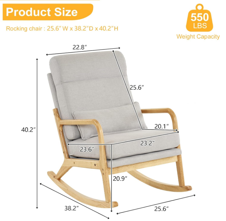 Nursery Rocking Chair Removable Glider Rocker High Backrest Rocking Armchair Mid-Century Accent Chair with Lumber Pillow for Bedroom, Living Room, Nursery, Light Gray