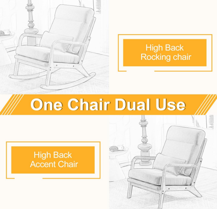 Nursery Rocking Chair Removable Glider Rocker High Backrest Rocking Armchair Mid-Century Accent Chair with Lumber Pillow for Bedroom, Living Room, Nursery, Light Gray