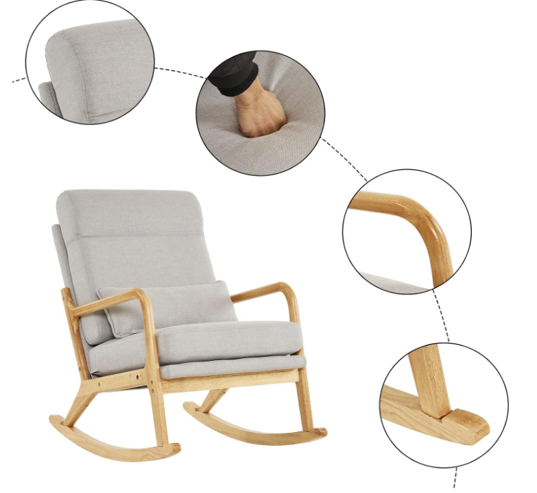 Nursery Rocking Chair Removable Glider Rocker High Backrest Rocking Armchair Mid-Century Accent Chair with Lumber Pillow for Bedroom, Living Room, Nursery, Light Gray