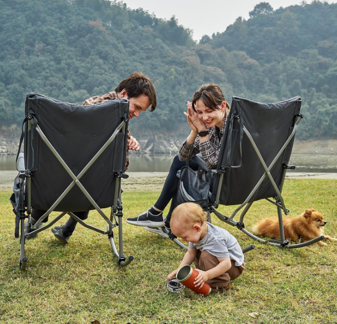 Oversized Folding Rocking Camping Chair, Padded Portable Rocker Chair for Patio, Lawn and Outdoors, Heavy Duty Hard Armchair for Adults Supports 400lbs, Grey