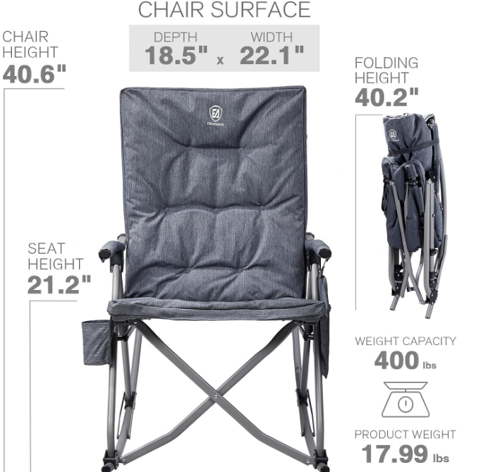 Oversized Folding Rocking Camping Chair, Padded Portable Rocker Chair for Patio, Lawn and Outdoors, Heavy Duty Hard Armchair for Adults Supports 400lbs, Grey