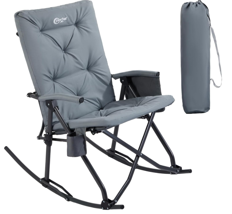 Folding Rocking Chair Indoor & Outdoor Thick Padded Rocking Recliner Chair Portable Camping Rocker for Patio Front Porch Backyard Lawn Living Room, Supports 400 LBS，Grey