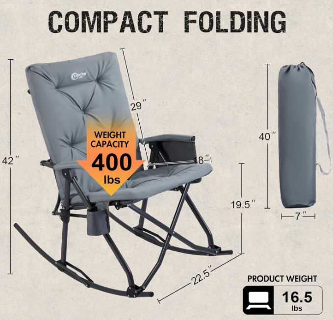 Folding Rocking Chair Indoor & Outdoor Thick Padded Rocking Recliner Chair Portable Camping Rocker for Patio Front Porch Backyard Lawn Living Room, Supports 400 LBS，Grey