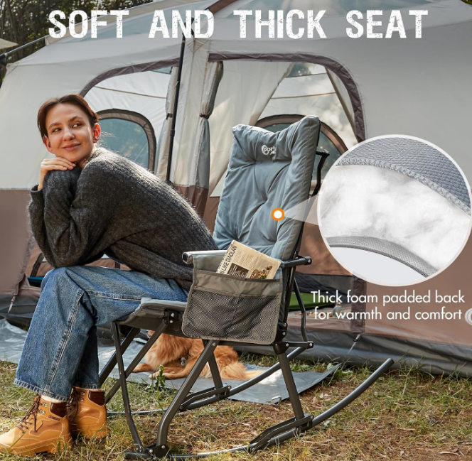 Folding Rocking Chair Indoor & Outdoor Thick Padded Rocking Recliner Chair Portable Camping Rocker for Patio Front Porch Backyard Lawn Living Room, Supports 400 LBS，Grey