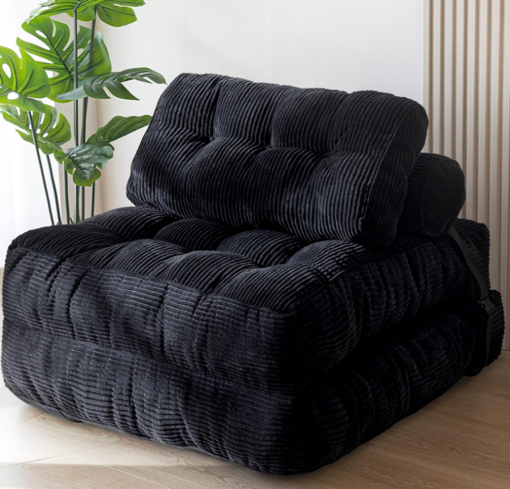 Folding Sofa Bed, Convertible Sleeper Chair with Pillow Foldable Mattress with Back Support, Portable Fold Out Chair Bed Comfy Floor Sofa Lounge for Living Room Bedroom, Black, Single
