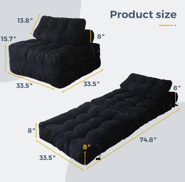 Folding Sofa Bed, Convertible Sleeper Chair with Pillow Foldable Mattress with Back Support, Portable Fold Out Chair Bed Comfy Floor Sofa Lounge for Living Room Bedroom, Black, Single