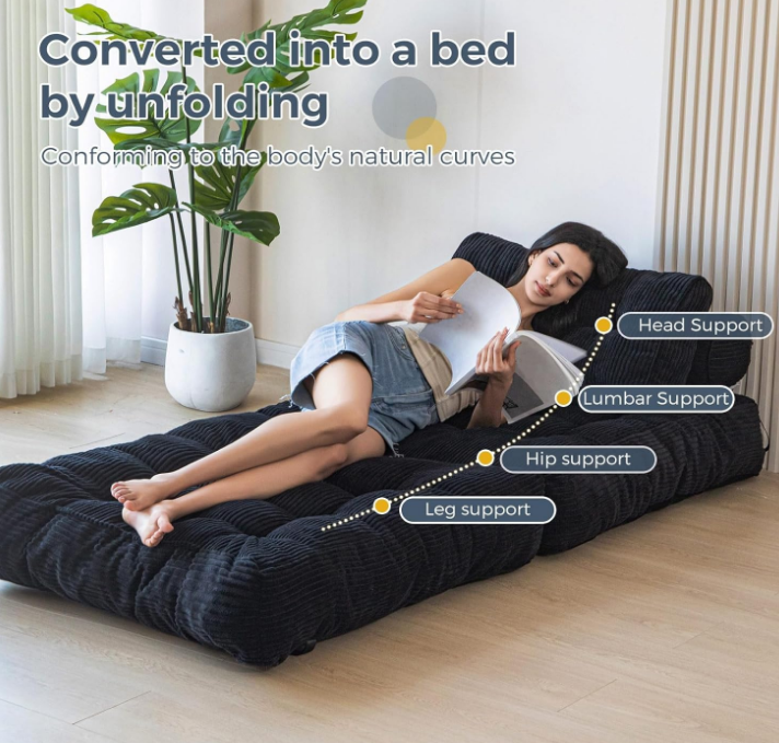Folding Sofa Bed, Convertible Sleeper Chair with Pillow Foldable Mattress with Back Support, Portable Fold Out Chair Bed Comfy Floor Sofa Lounge for Living Room Bedroom, Black, Single