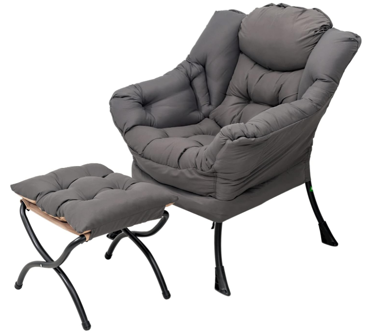 Lazy Chair with Ottoman, Modern Lounge Accent Chair with Armrests and a Side Pocket, Leisure Upholstered Sofa Chair Reading Chair with Footrest for Small Space, Corner Chair, Dark Grey