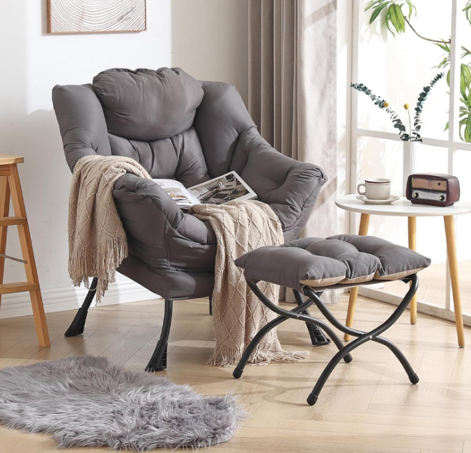 Lazy Chair with Ottoman, Modern Lounge Accent Chair with Armrests and a Side Pocket, Leisure Upholstered Sofa Chair Reading Chair with Footrest for Small Space, Corner Chair, Dark Grey