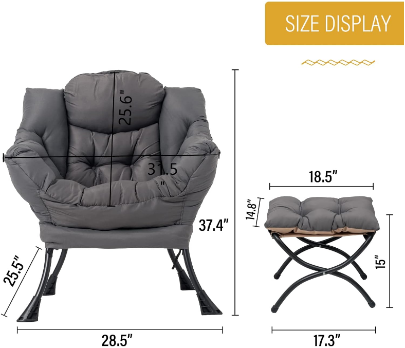 Lazy Chair with Ottoman, Modern Lounge Accent Chair with Armrests and a Side Pocket, Leisure Upholstered Sofa Chair Reading Chair with Footrest for Small Space, Corner Chair, Dark Grey