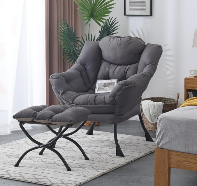 Lazy Chair with Ottoman, Modern Lounge Accent Chair with Armrests and a Side Pocket, Leisure Upholstered Sofa Chair Reading Chair with Footrest for Small Space, Corner Chair, Dark Grey