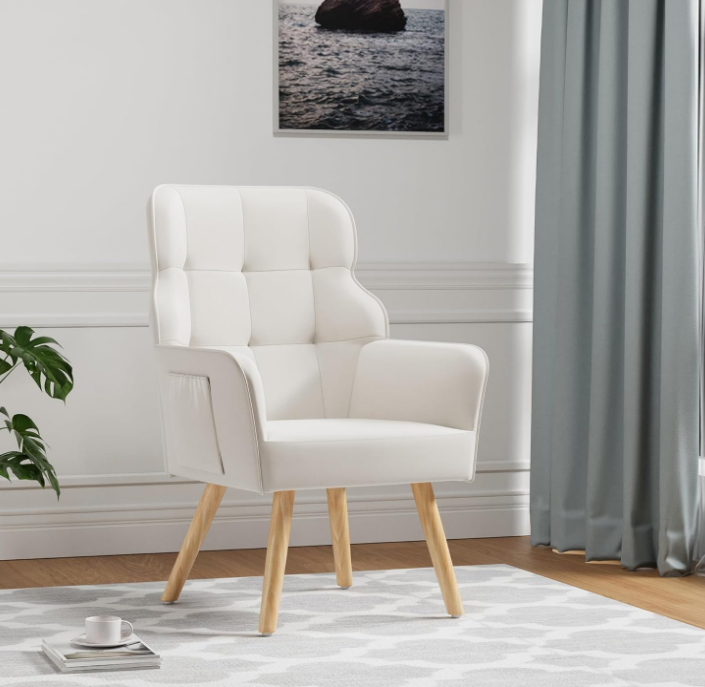 Modern Accent Chair, Mid-Century Velvet Armchair with Lumbar Pillow, Upholstered Tufted Comfy Chair, Single Sofa with Sturdy Wood Legs or Living Room/Bedroom/Office