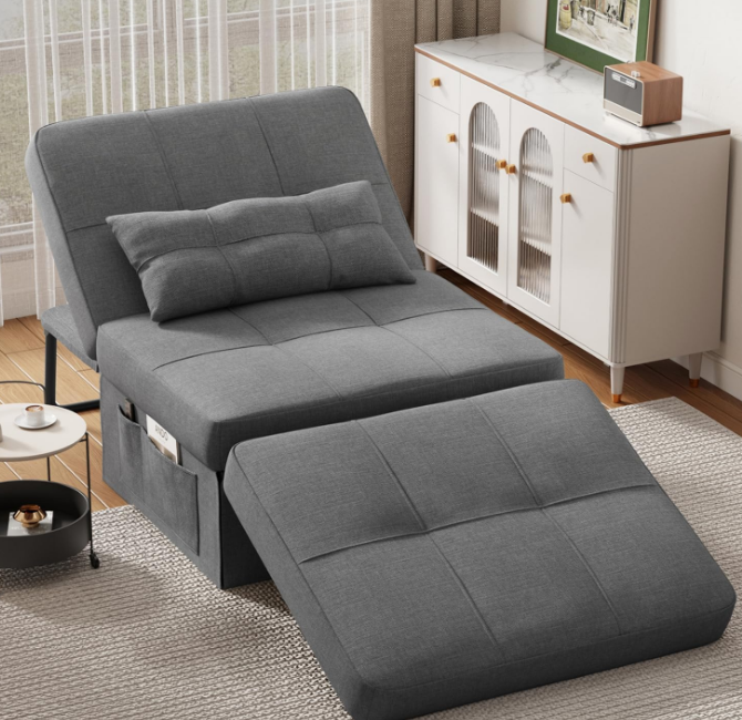 Sleeper Chair Bed, 4 in 1 Convertible Chair Bed Sofa Bed, Assembly-Free Sofa Chair Bed with Adjustable Backrest and Pillow, Modern Breathable Linen Fabric for Living Room Apartment Office, Dark Grey