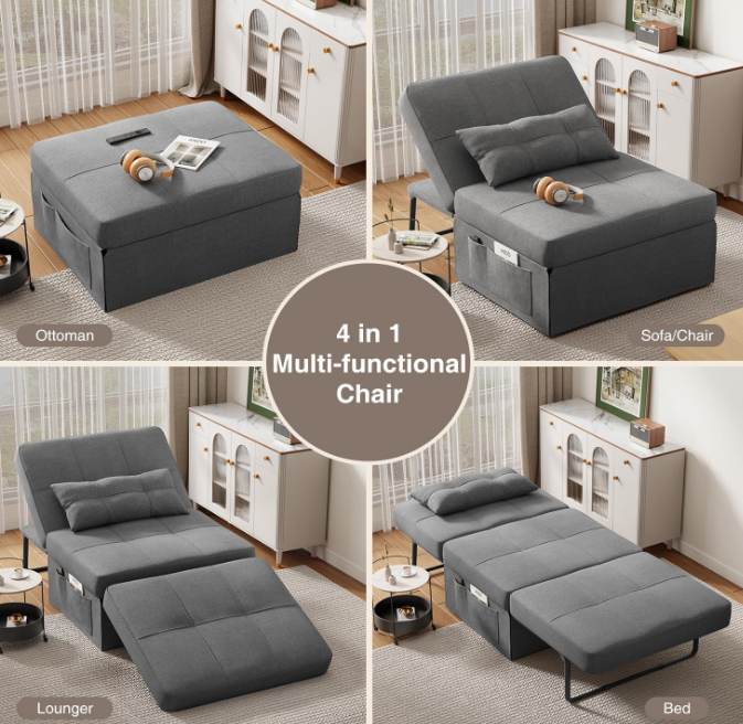 Sleeper Chair Bed, 4 in 1 Convertible Chair Bed Sofa Bed, Assembly-Free Sofa Chair Bed with Adjustable Backrest and Pillow, Modern Breathable Linen Fabric for Living Room Apartment Office, Dark Grey