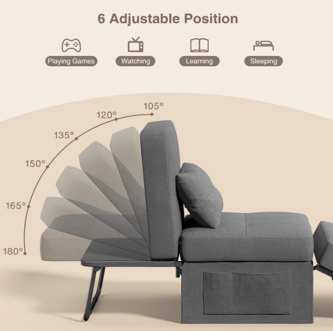 Sleeper Chair Bed, 4 in 1 Convertible Chair Bed Sofa Bed, Assembly-Free Sofa Chair Bed with Adjustable Backrest and Pillow, Modern Breathable Linen Fabric for Living Room Apartment Office, Dark Grey
