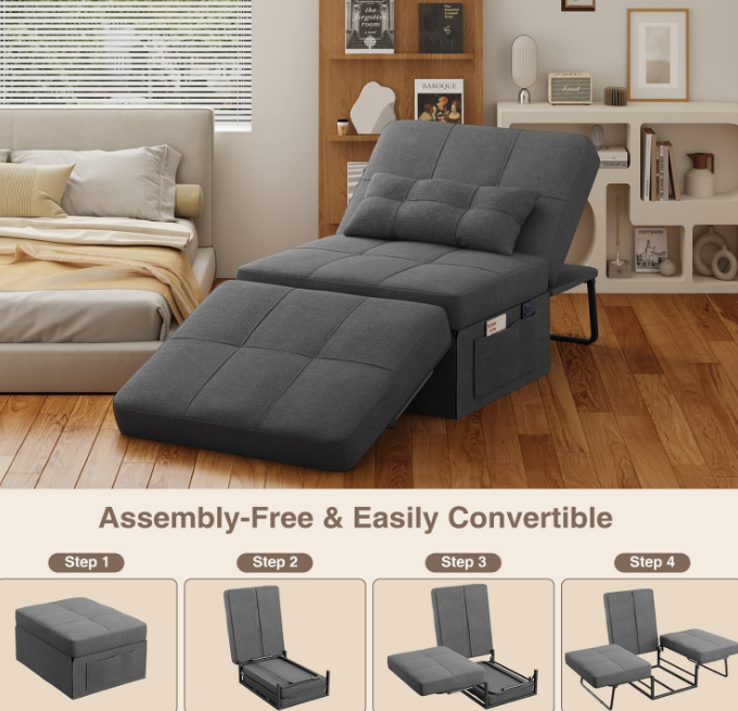 Sleeper Chair Bed, 4 in 1 Convertible Chair Bed Sofa Bed, Assembly-Free Sofa Chair Bed with Adjustable Backrest and Pillow, Modern Breathable Linen Fabric for Living Room Apartment Office, Dark Grey