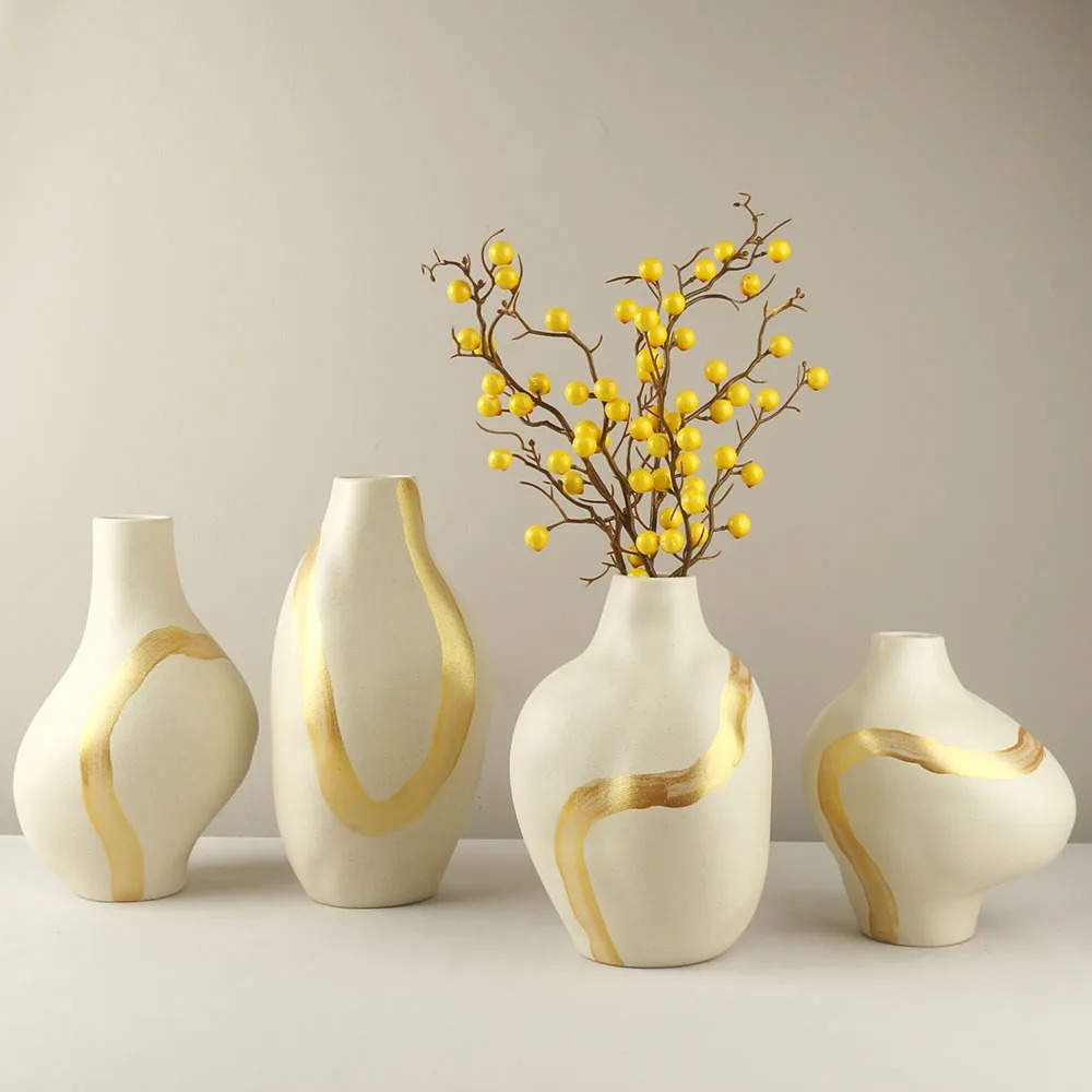 Ivory White Gold Handbemalte Keramik-Blumenvase – Nordische Wohndekoration