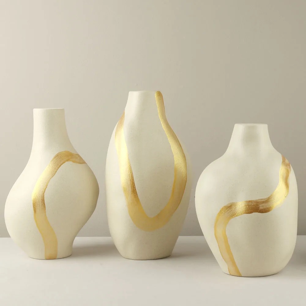 Ivory White Gold Handbemalte Keramik-Blumenvase – Nordische Wohndekoration