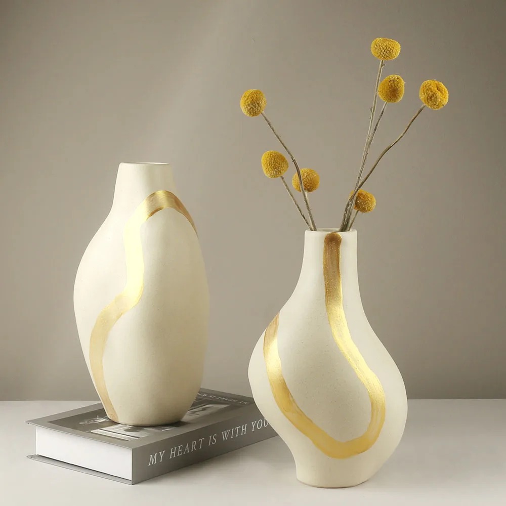 Ivory White Gold Handbemalte Keramik-Blumenvase – Nordische Wohndekoration
