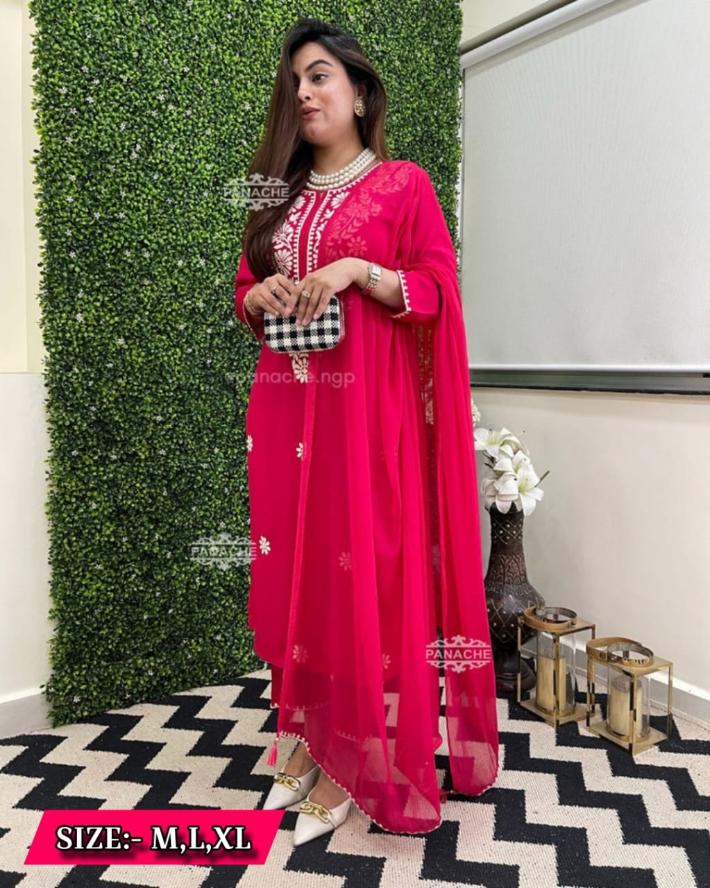LAKHNAVI KURTI  COTTON PANT WITH NAZMIN DUPATTA 