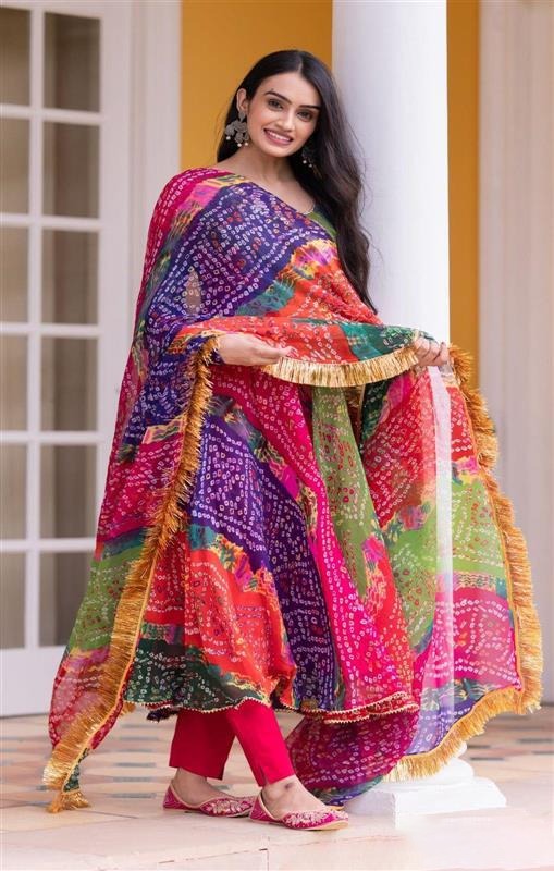  Bandhani Print Maxi Dress With Dupatta