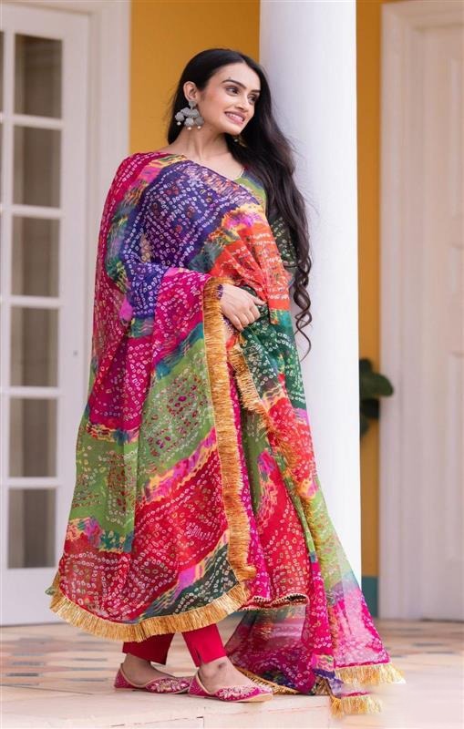  Bandhani Print Maxi Dress With Dupatta
