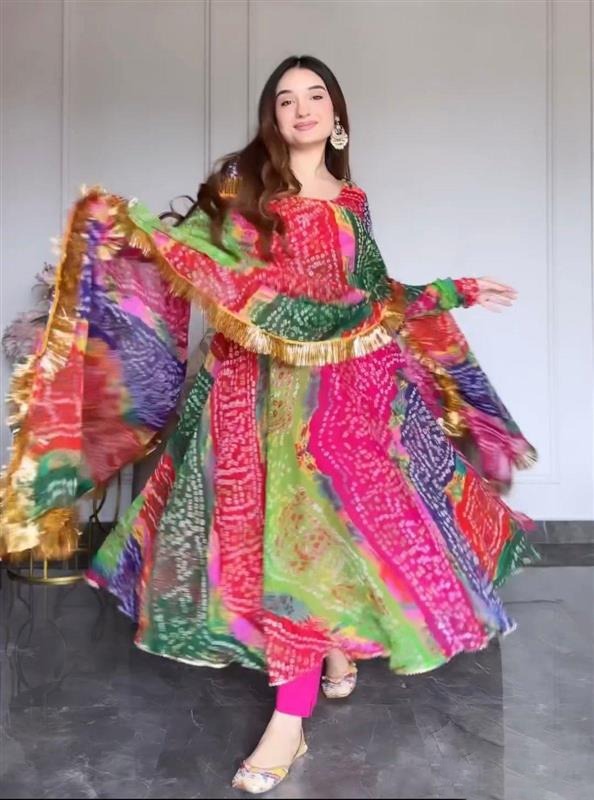  Bandhani Print Maxi Dress With Dupatta