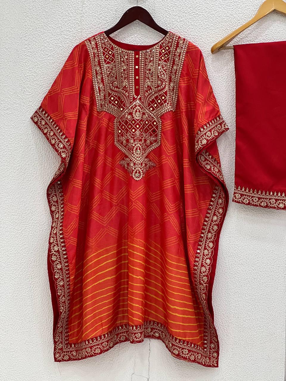  Pure Chinnon With Embroidery Coding Dori-Sequence Work Kaftan