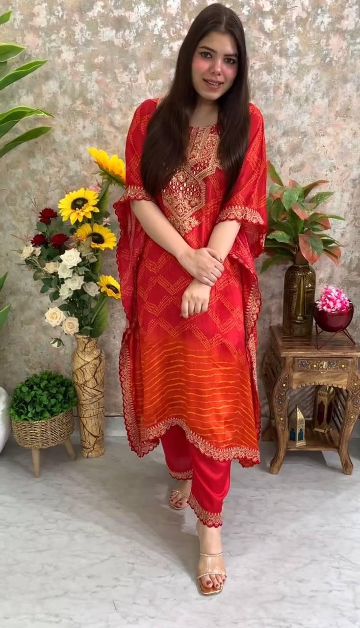  Pure Chinnon With Embroidery Coding Dori-Sequence Work Kaftan