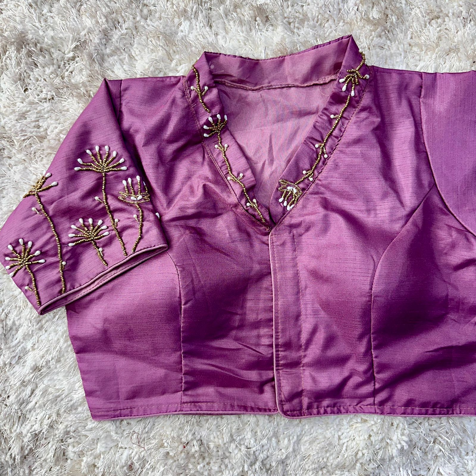 Beautiful handwork all over back nd sleves with designer handcrafted collar in blouse  Fabric:- pista silk