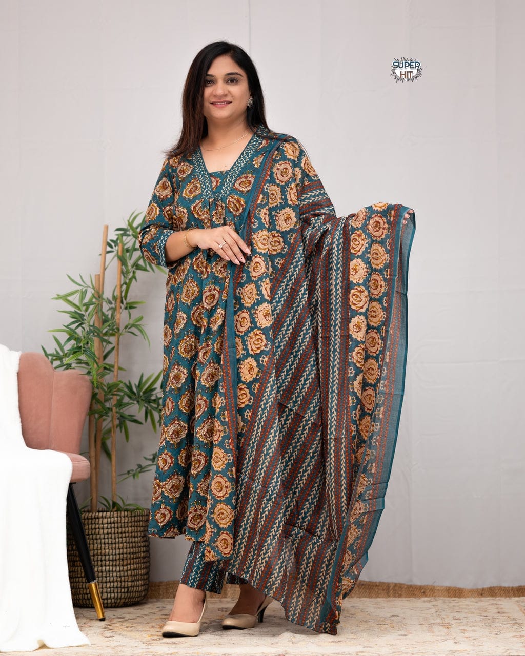 Hand-block print kurti set (kurti+pant+duppata)