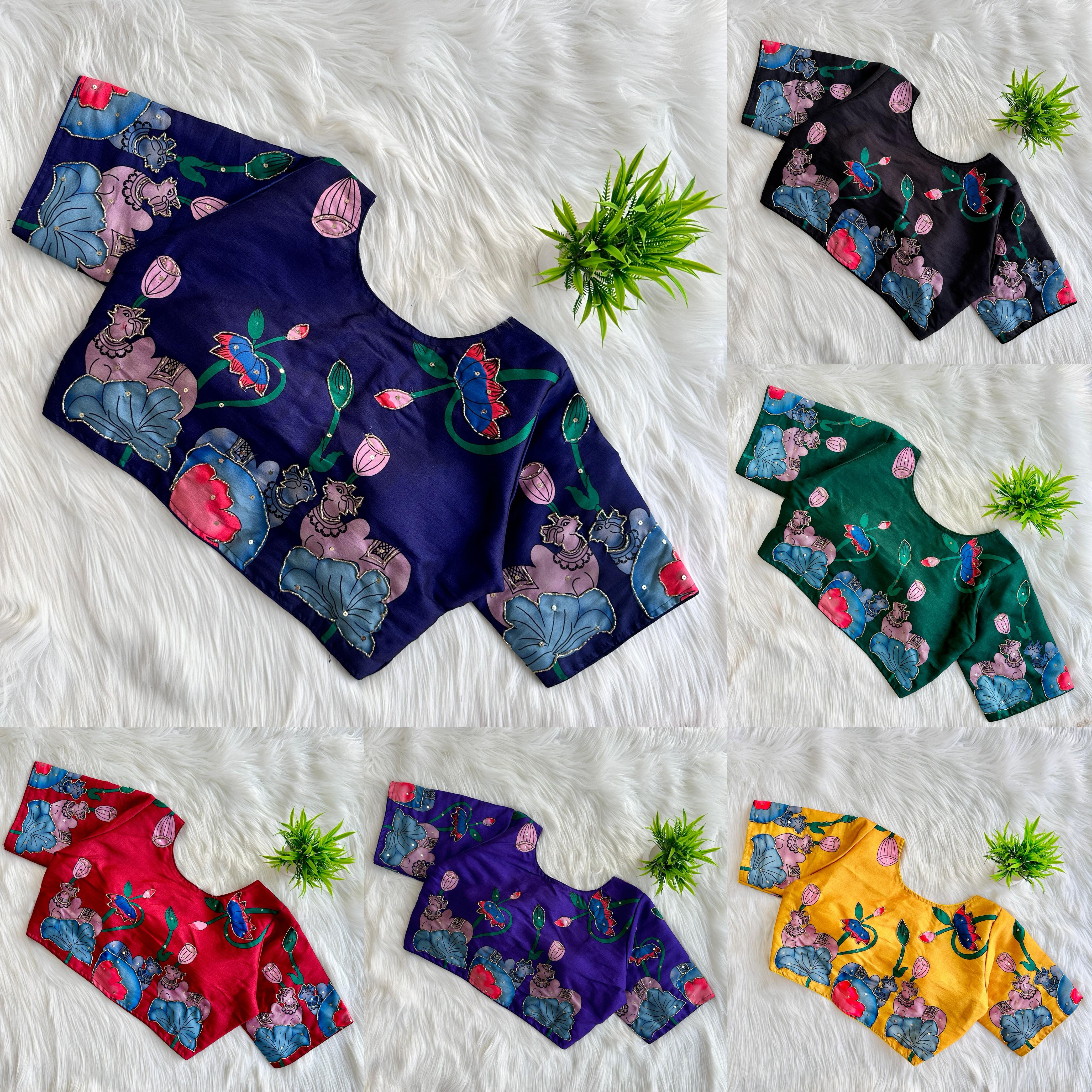 Pure silk fabric with Decent print all over blouse with antique handcrafted work