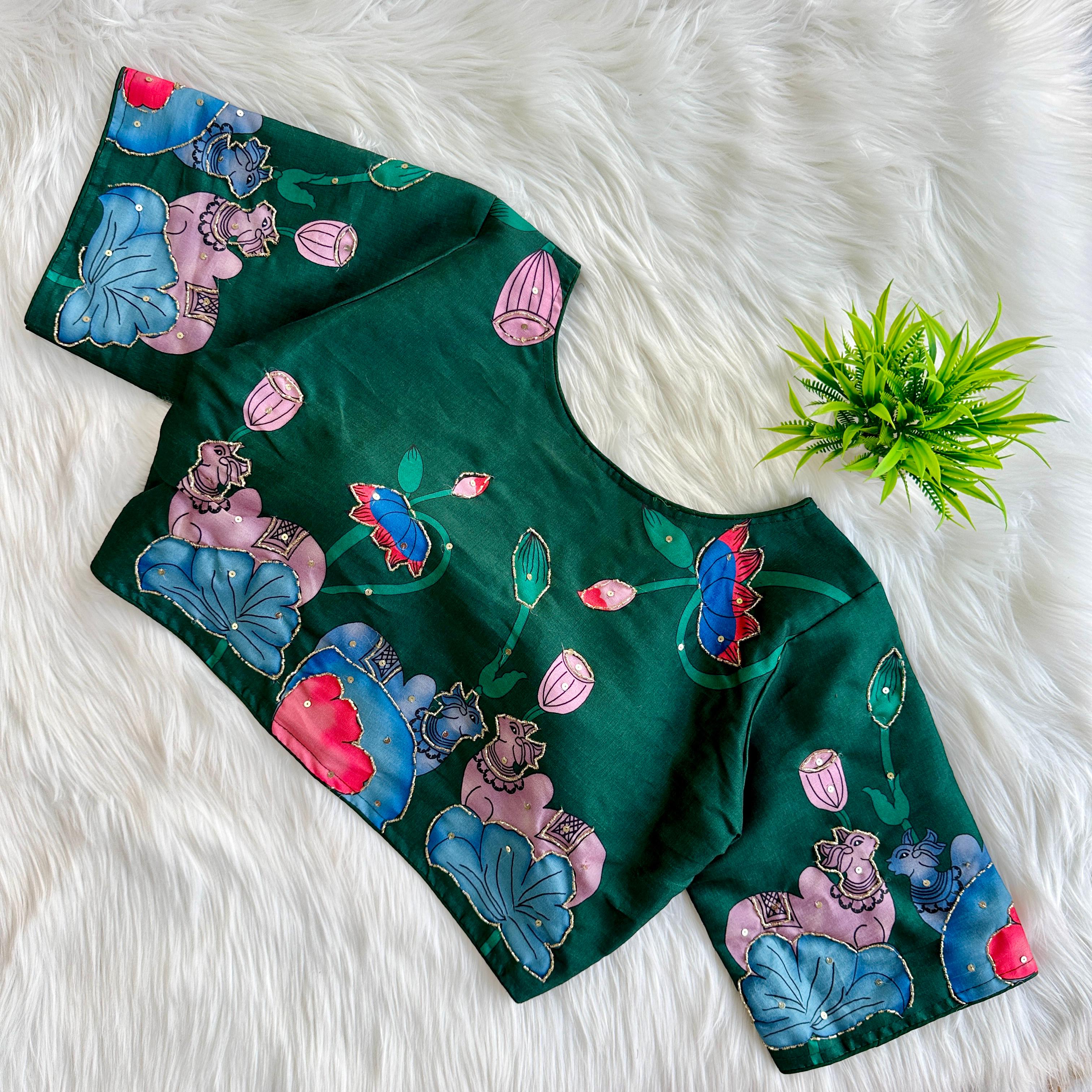 Pure silk fabric with Decent print all over blouse with antique handcrafted work