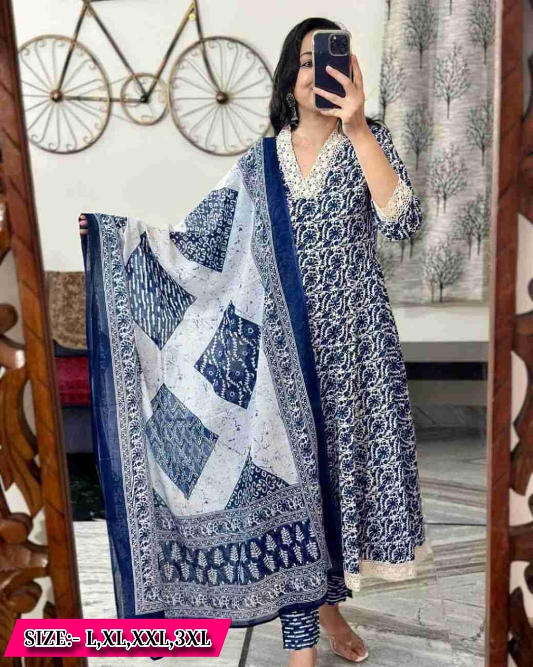  Beautiful indigo cotton anarkali kurti pant set