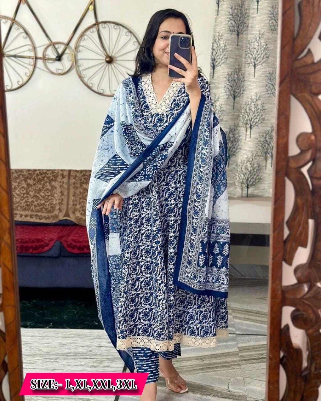  Beautiful indigo cotton anarkali kurti pant set