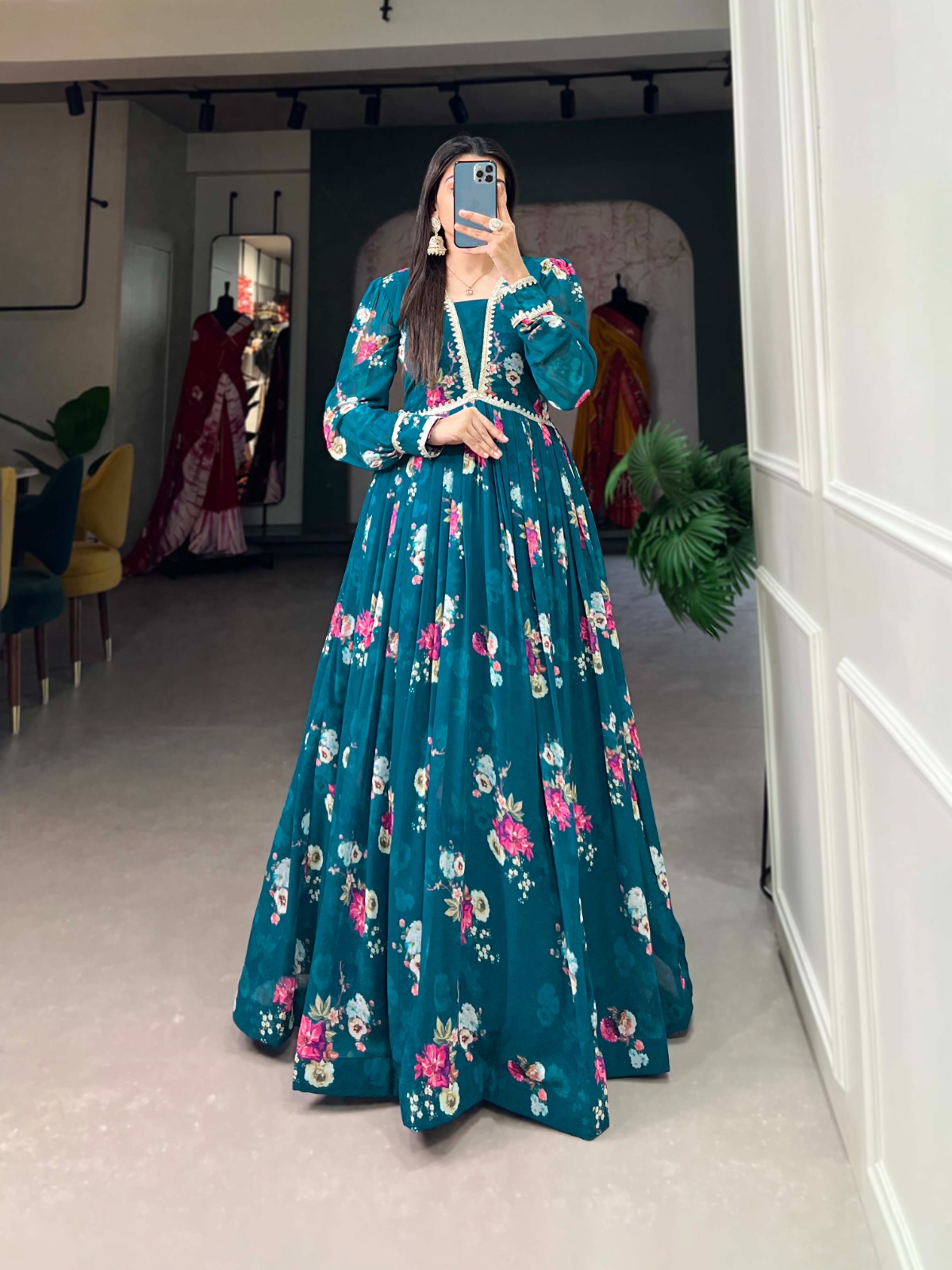 Elevate your Aura with our Exquisite Floral Print Georgette Gown🌸.