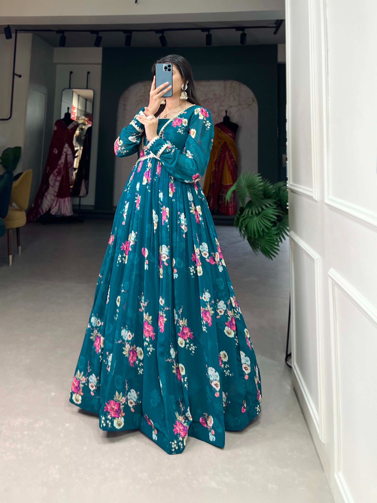 Elevate your Aura with our Exquisite Floral Print Georgette Gown🌸.