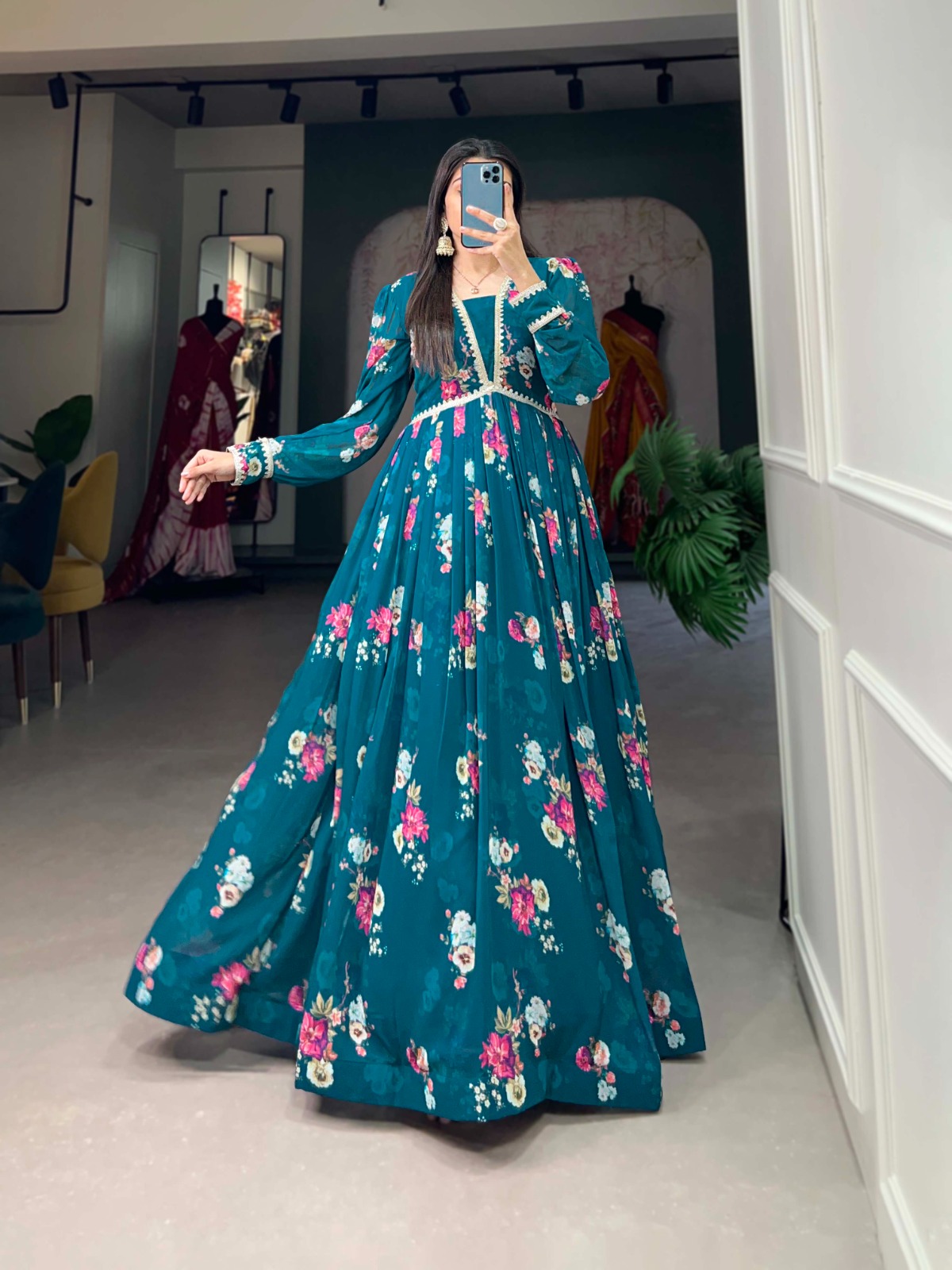 Elevate your Aura with our Exquisite Floral Print Georgette Gown🌸.