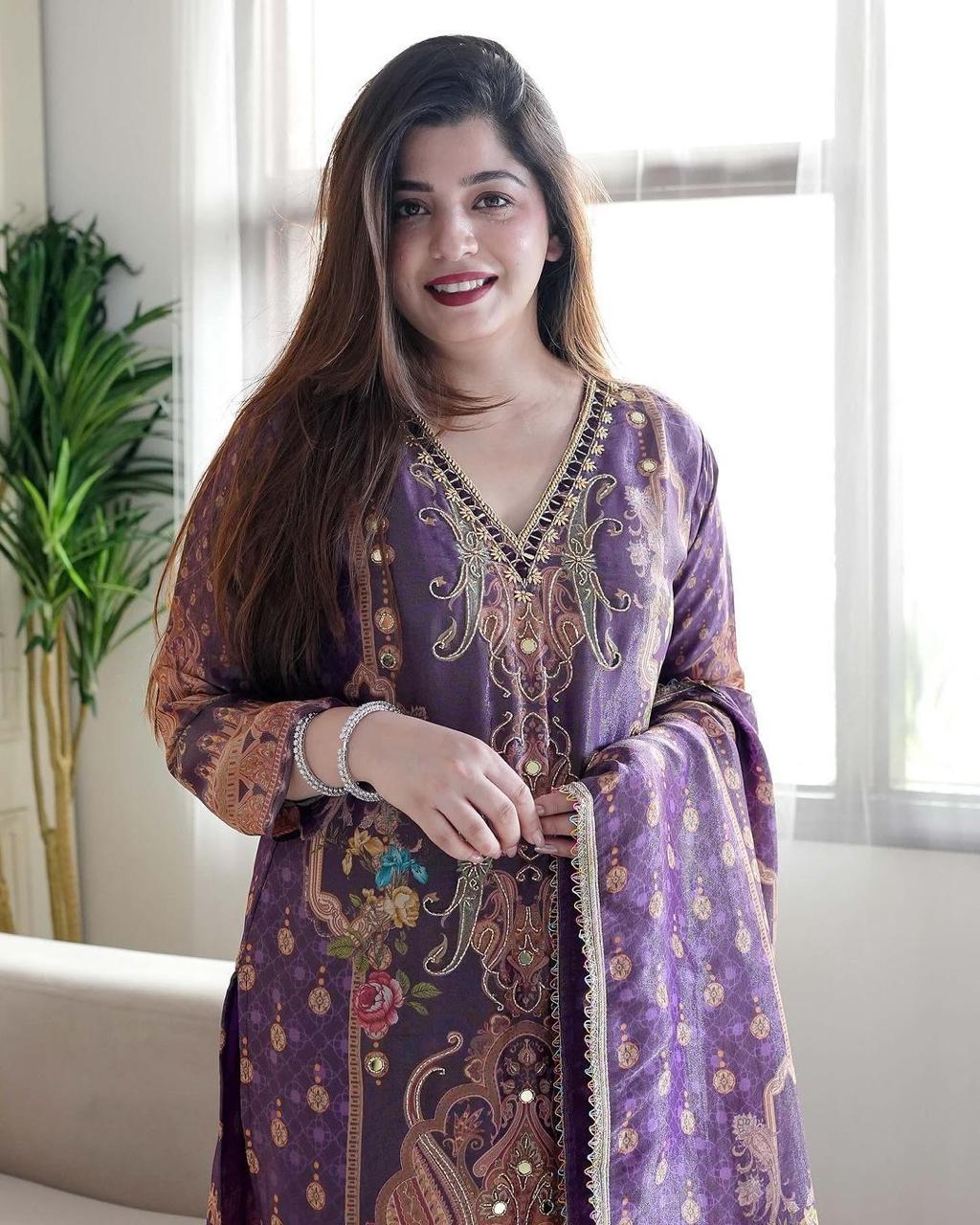 Model satin febric with print & work and full lining with silk pent and  dupatta