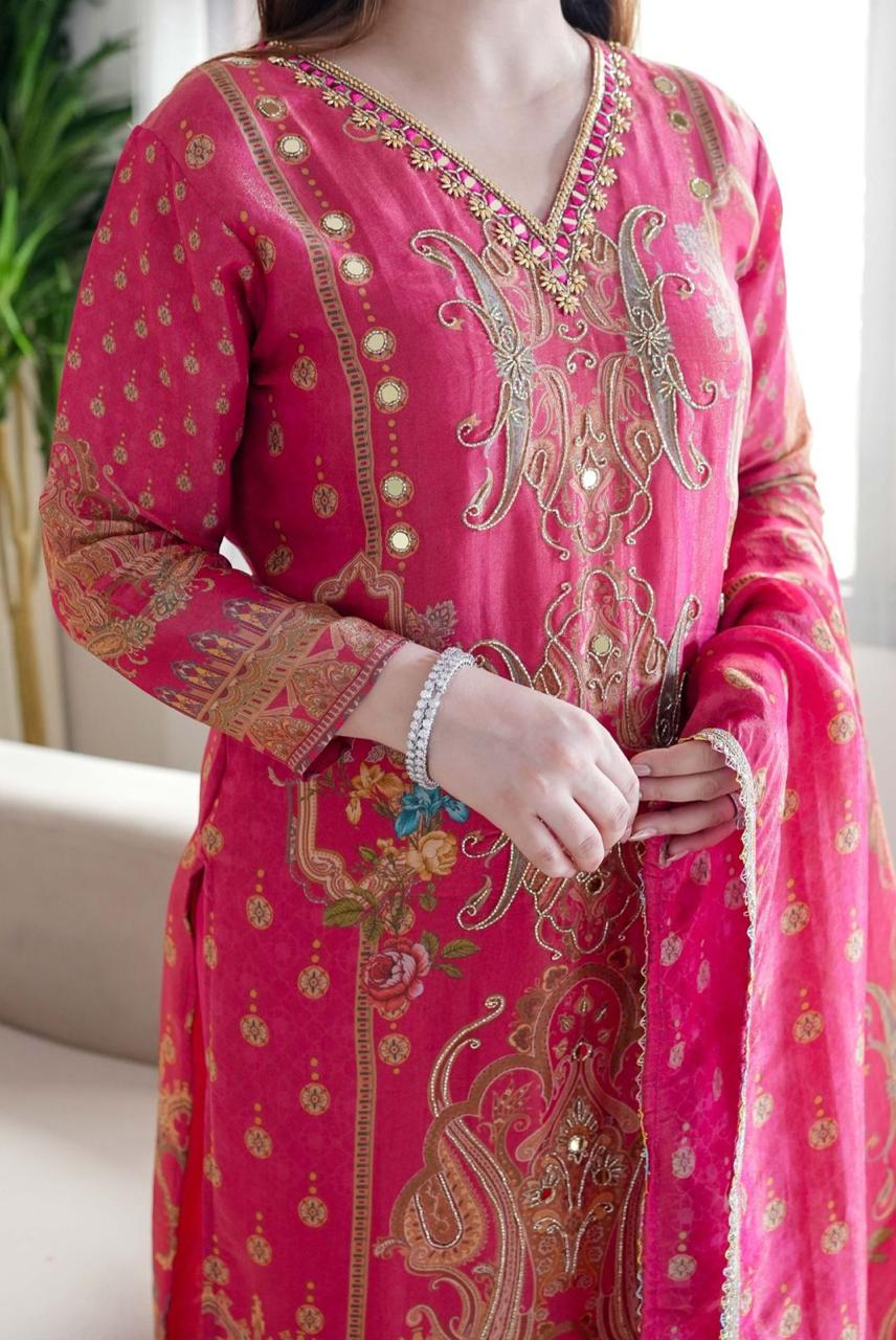 Model satin febric with print & work and full lining with silk pent and  dupatta