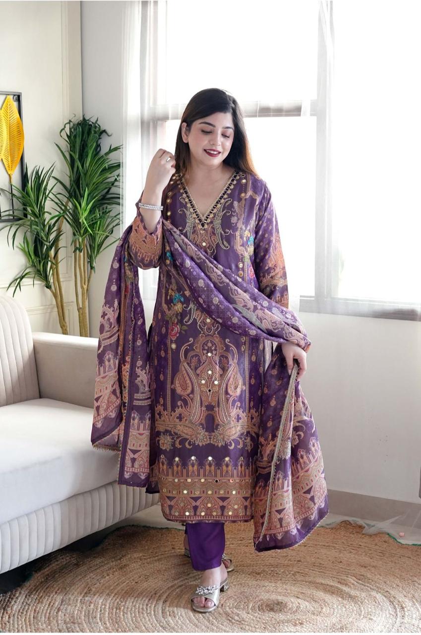 Model satin febric with print & work and full lining with silk pent and  dupatta