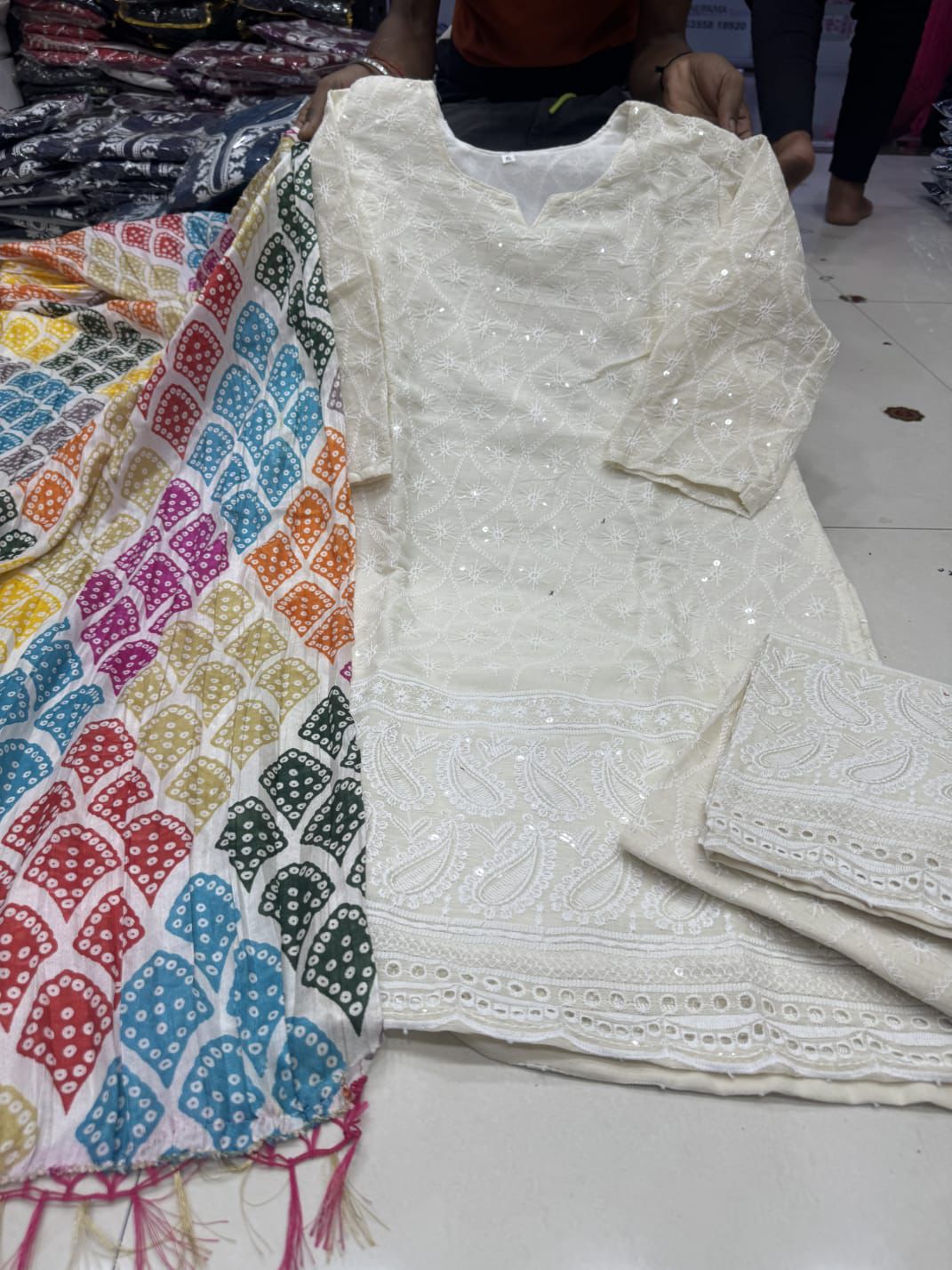 .Celebrate  the candid  femininity with swan white embroidered  Kurta set . A perfect  companion  for all occasions,  this tenderly  Keira set vows to fetch you countless  compliments no matter where you go