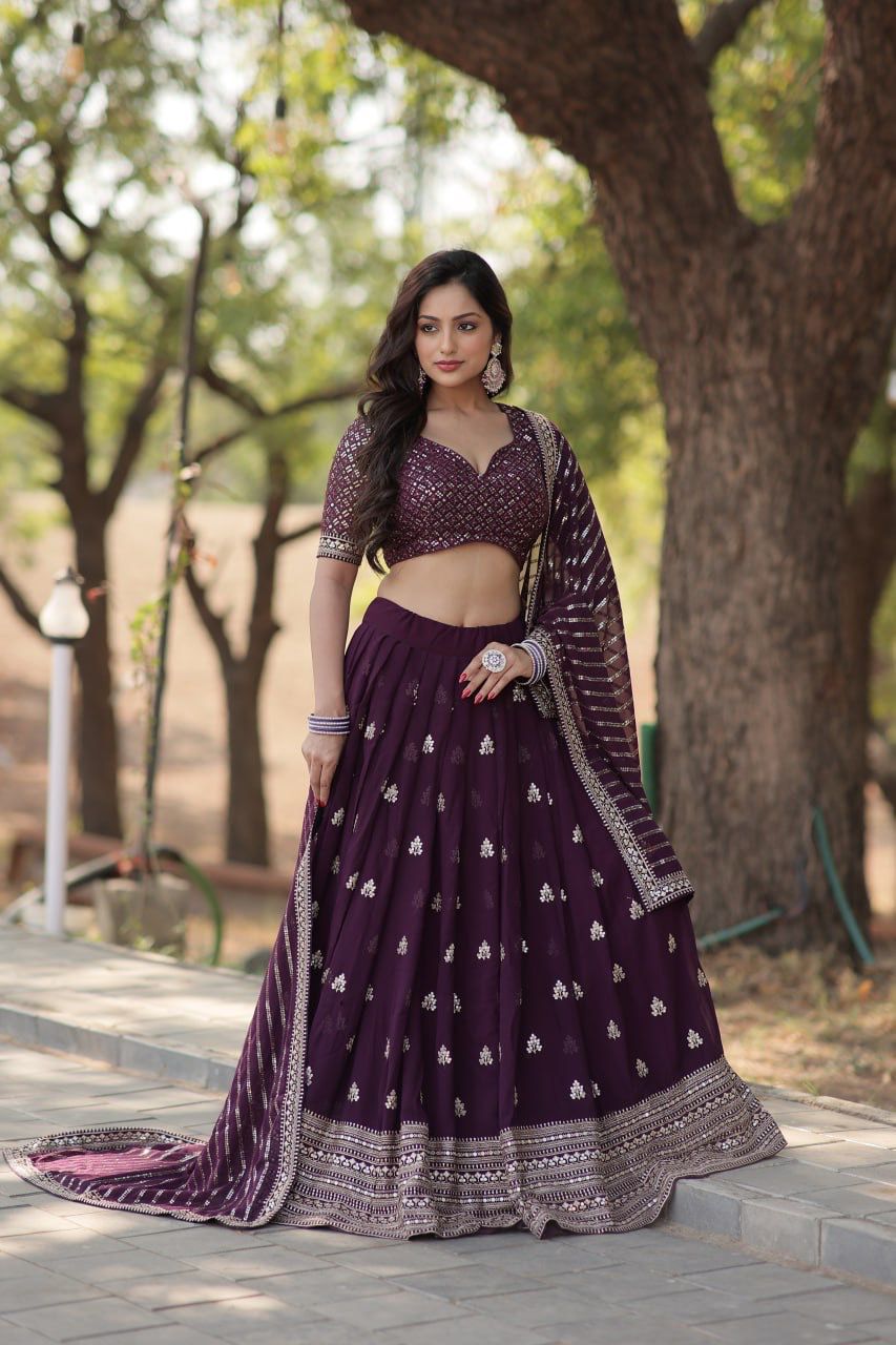 Designer Lehenga collection Made with Faux Blooming With Sequins And thread Embroidered work Lehenga Choli with Dupatta. 👗
