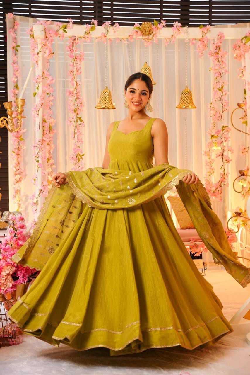 Unveiling our stunning yellow floor-length maxi in Chinnon Fabric, paired with an intricately embroidered dupatta