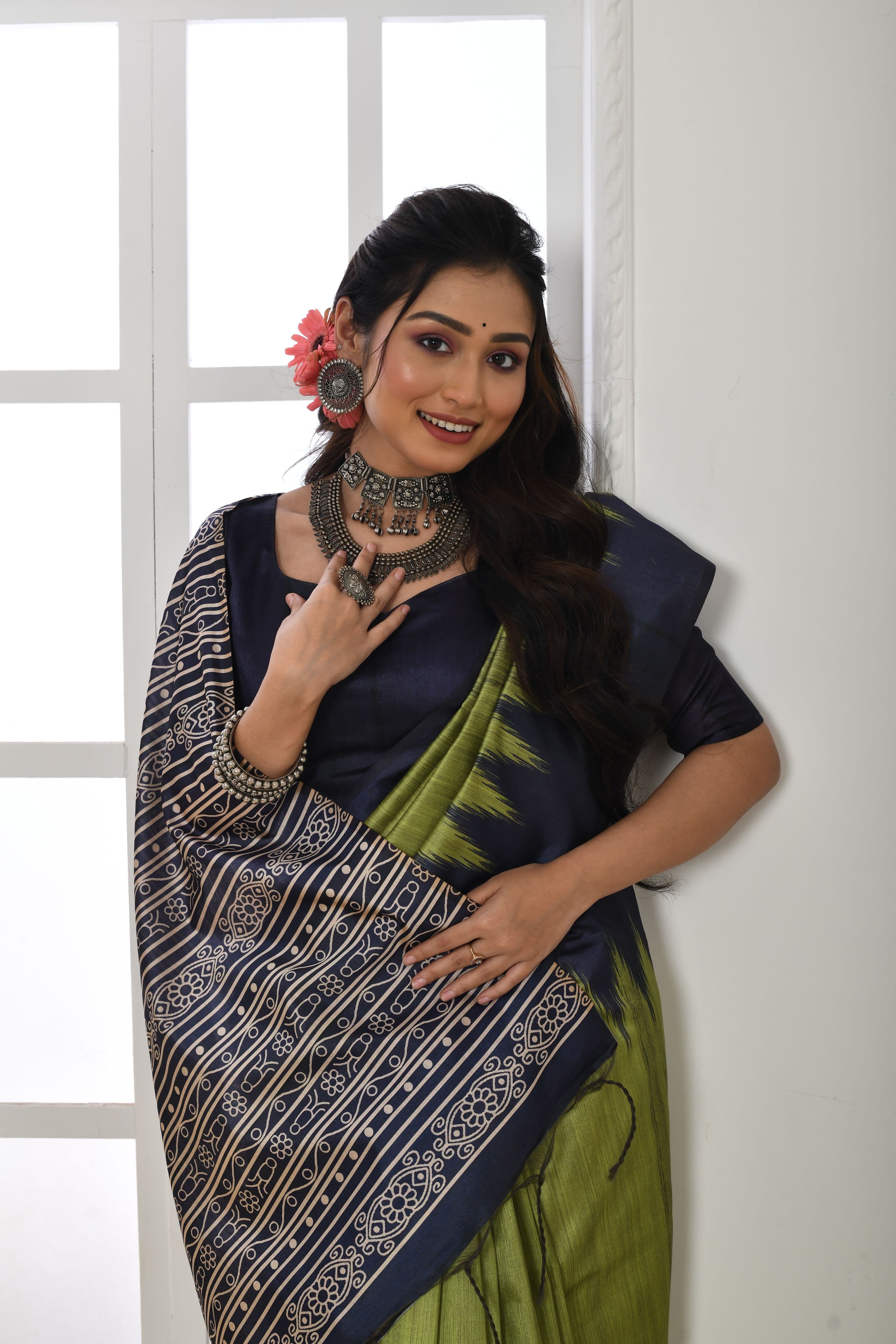 oft Tussar silk saree with printed temple border