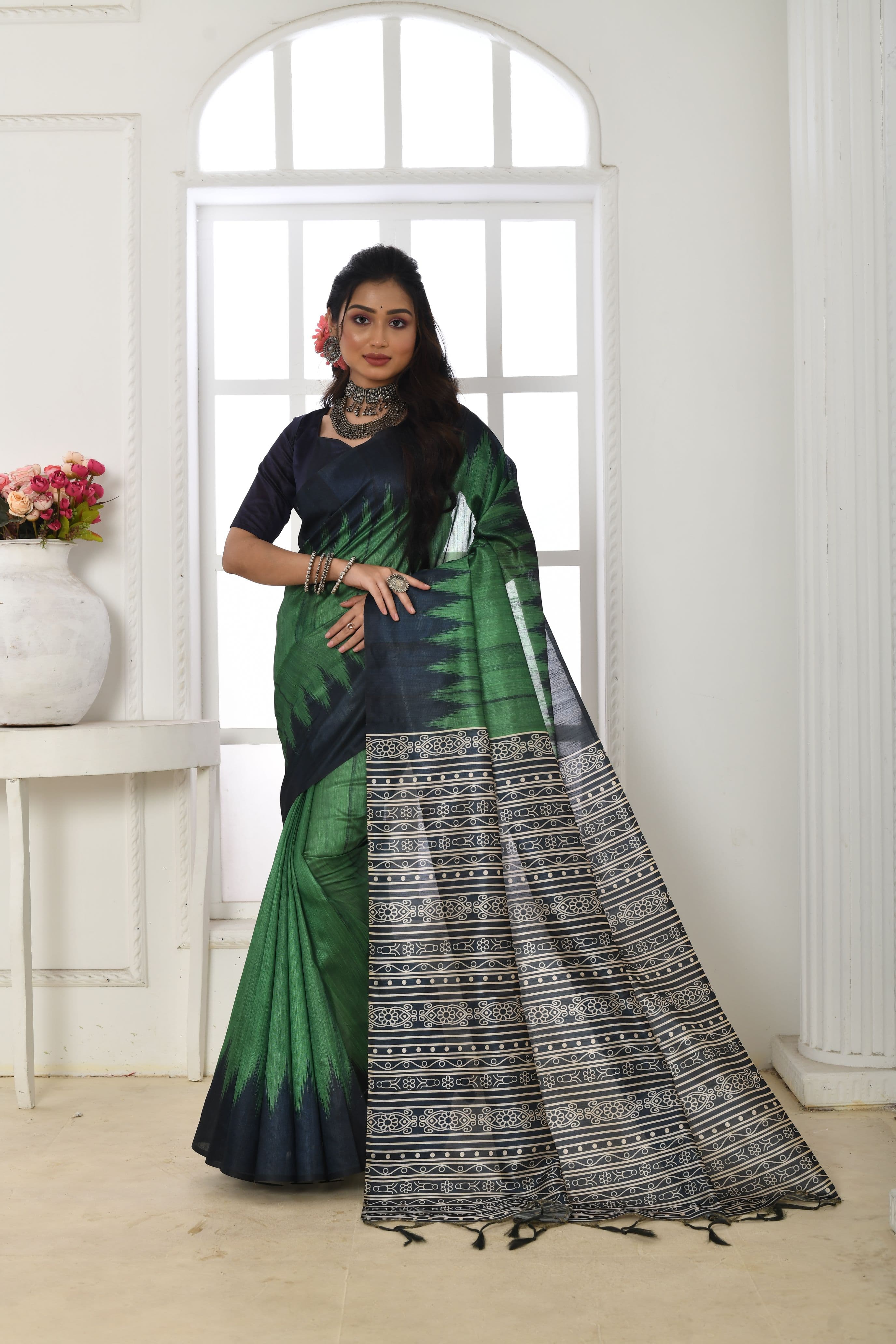 oft Tussar silk saree with printed temple border